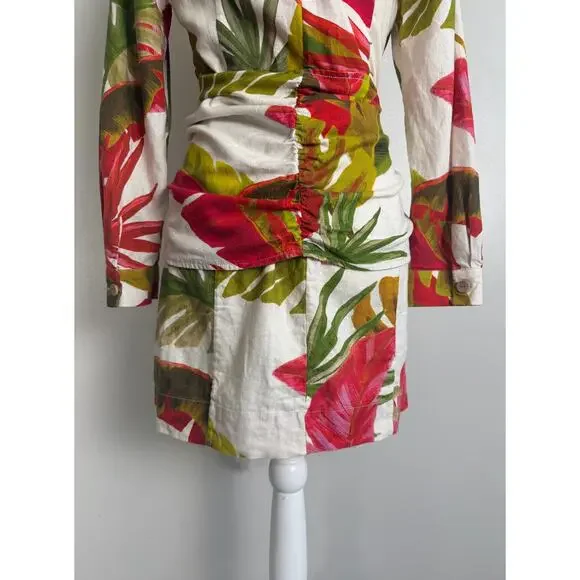 Farm Rio Spring Forest Long Sleeve Linen Blend Mini Dress White Multi Small - Picture 11 of 16